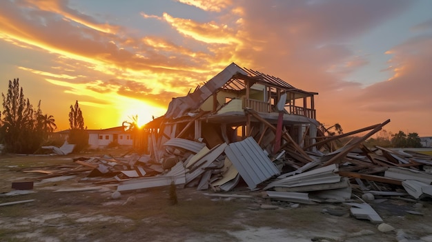 Une maison est entourée de débris et le soleil se couche.