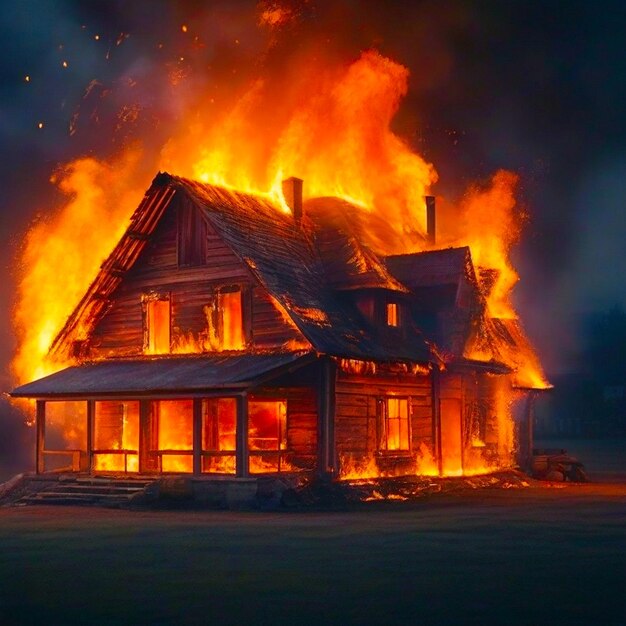 La maison est en feu, des flammes sortent des fenêtres, de la fumée.