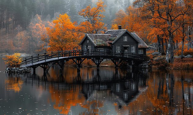 une maison est sur un pont qui est sur l'eau