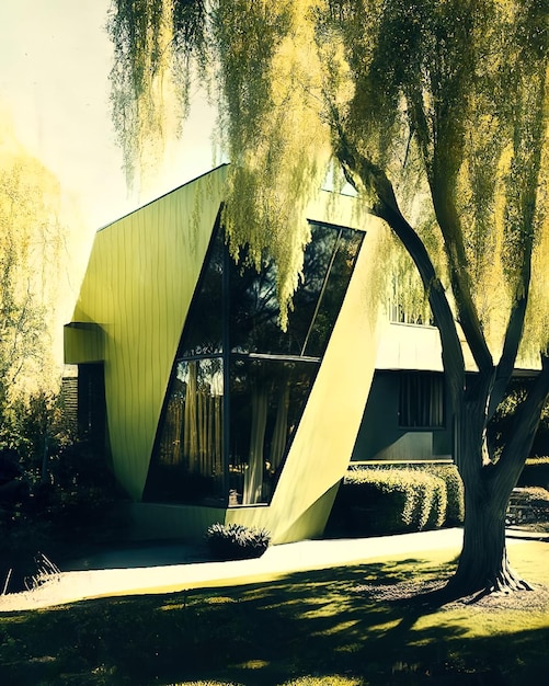Une maison avec un extérieur jaune et un arbre devant.