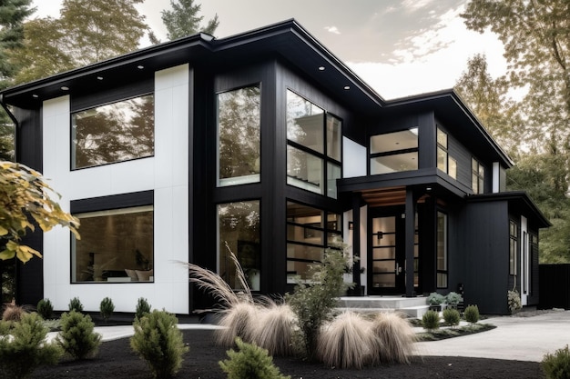 Maison avec un extérieur en métal noir spectaculaire et des garnitures blanches créées avec une IA générative