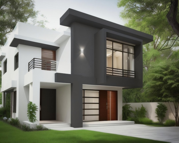 Une maison avec un extérieur noir et blanc