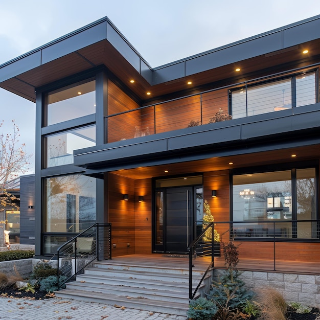 Photo maison extérieure en noir et en bois avec des fenêtres en verre