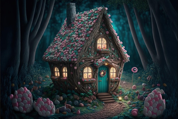 Une maison faite de bonbons dans une forêt enchantée d'un monde fantastique.