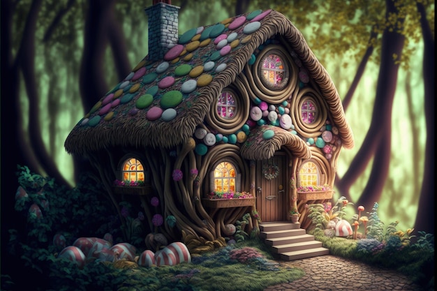 Une maison faite de bonbons dans une forêt enchantée d'un monde fantastique.