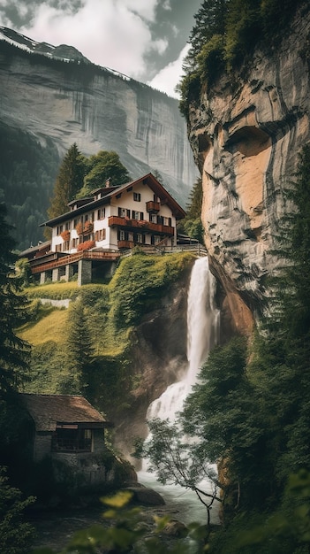 Une maison sur une falaise avec une cascade