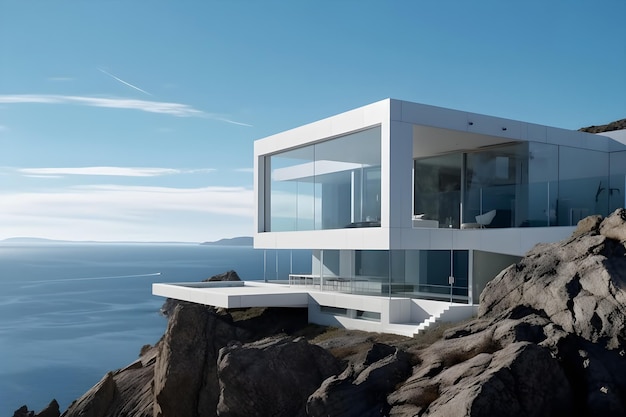 Une maison sur une falaise avec un ciel bleu et la mer en arrière-plan.