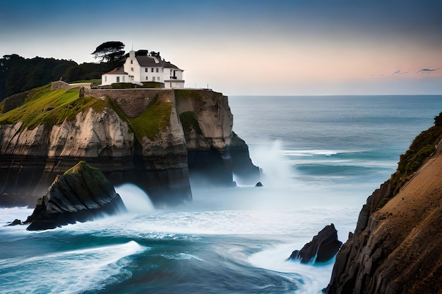 Une maison sur une falaise avec des vagues se brisant en arrière-plan