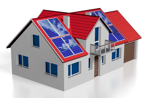 Maison familiale avec panneaux solaires photovoltaïques installés sur un toit Illustration 3D