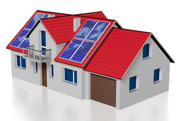 Maison familiale avec panneaux solaires photovoltaïques installés sur un toit Illustration 3D