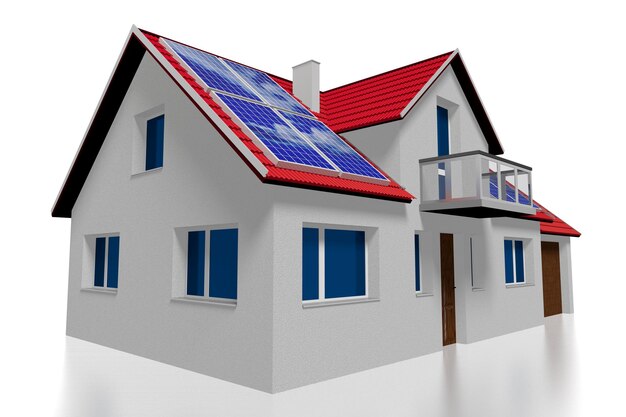 Maison familiale avec panneaux solaires photovoltaïques installés sur un toit Illustration 3D