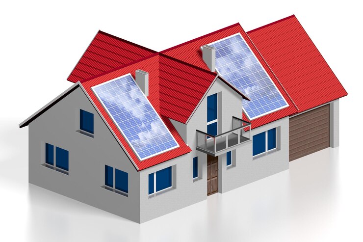 Photo maison familiale avec panneaux solaires photovoltaïques installés sur un toit illustration 3d