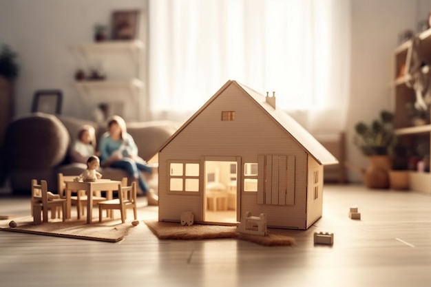 Une maison avec une famille assise sur une table dans un salon.