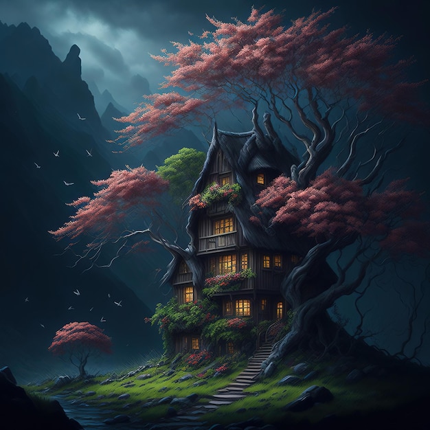Une maison fantastique avec un arbre au fond