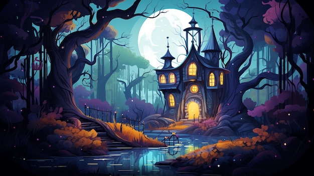 Maison fantastique dans la forêt magique la nuit illustration AI générée