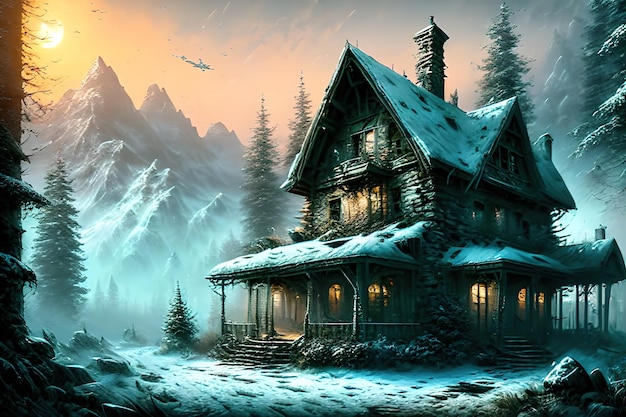 Maison fantastique dans la vieille cabane en pierre de la forêt d'hiver