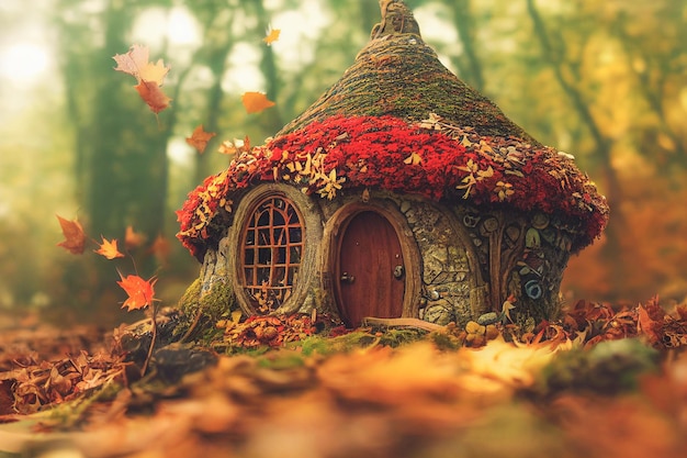 Maison de fée entourée de glands et de feuilles d'automne