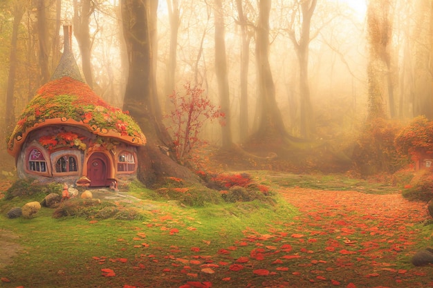 Maison de fée entourée de glands et de feuilles d'automne
