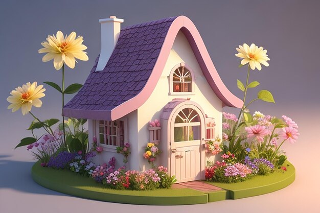 Maison de fées mignonne en 3D avec modèle de fleurs