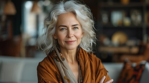 Photo À la maison, une femme âgée pose joyeusement et dynamiquement.