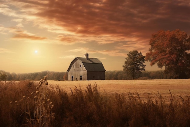 une maison de ferme dans un champ avec un fond de coucher de soleil