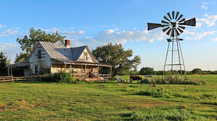 Photo maison de ferme et moulin à vent classique rétro vintage
