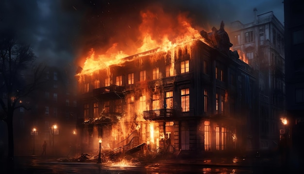 La maison en feu brûle.