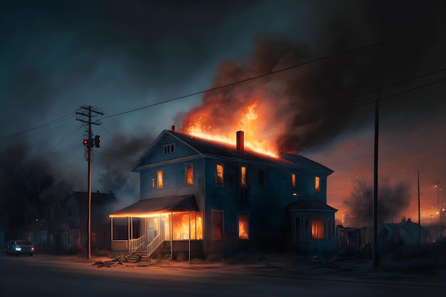 Une maison en feu dans la nuit