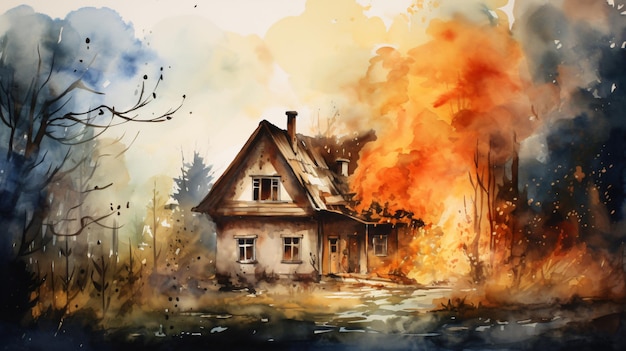 Une maison en feu dans le style de l'aquarelle