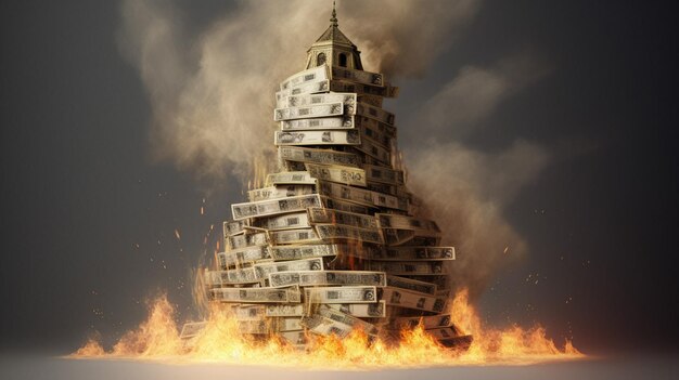 Une maison en feu d'une pile d'argent