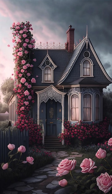 Une maison avec une fleur rose sur le devant