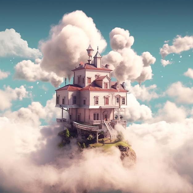 Maison flottant sur un nuage avec fond de ciel bleu