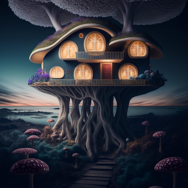 Maison en forme de champignon, une fabuleuse illustration fantastique