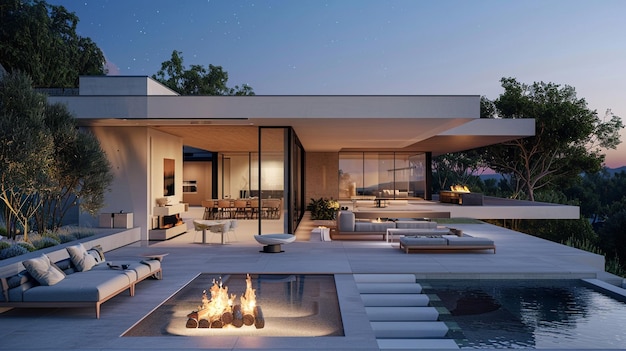 une maison avec un foyer et un foyer avec un foier au milieu
