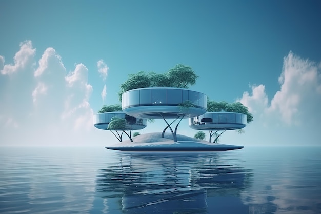 Une maison futuriste sur l'eau avec un fond de ciel