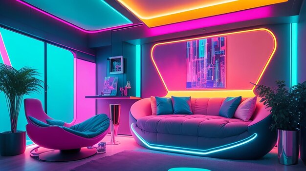 Une maison futuriste avec un intérieur lumineux avec des meubles modernes élégants et de l'art abstrait