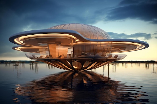 Une maison futuriste par personne est sur l'eau