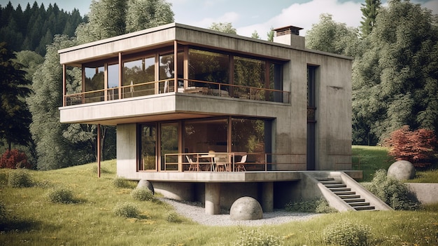 Maison futuriste en verre et en ciment à deux étages dans le concept d'architecture avant-gardiste de la forêt