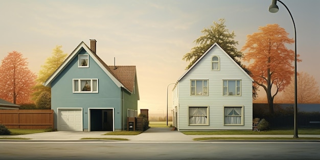 Une maison avec un garage et une maison sur le côté gauche