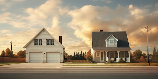 Une maison avec un garage et une maison sur le côté gauche