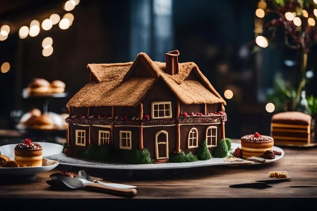 Photo une maison de gâteau est placée sur une table réaliste