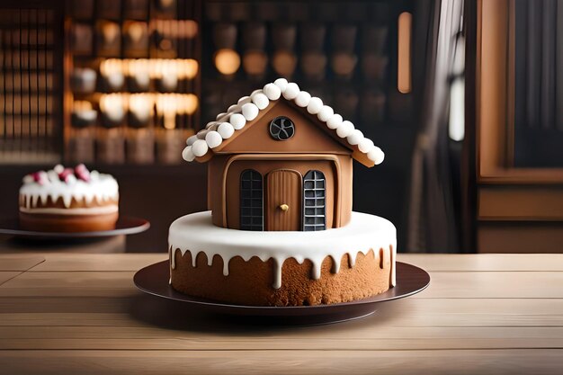 Photo une maison de gâteau est placée sur une table réaliste