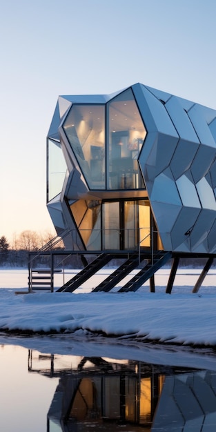 Une maison géométrique futuriste sur le lac avec un design de verre capricieux