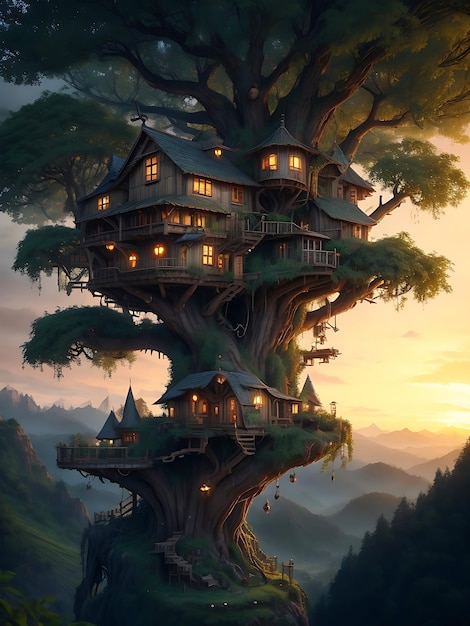 Maison sur un grand arbre génération AI