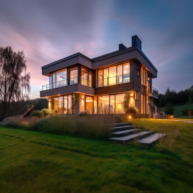 Une maison avec un grand porche et un fond de ciel