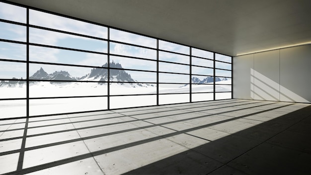 Maison avec grande fenêtre en verre et plancher en bois rendu 3d