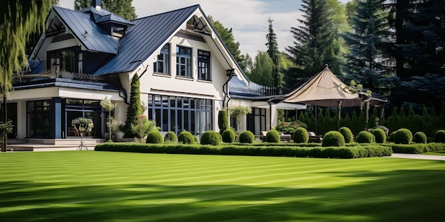 une maison avec une grande pelouse avant et une grande terrasse