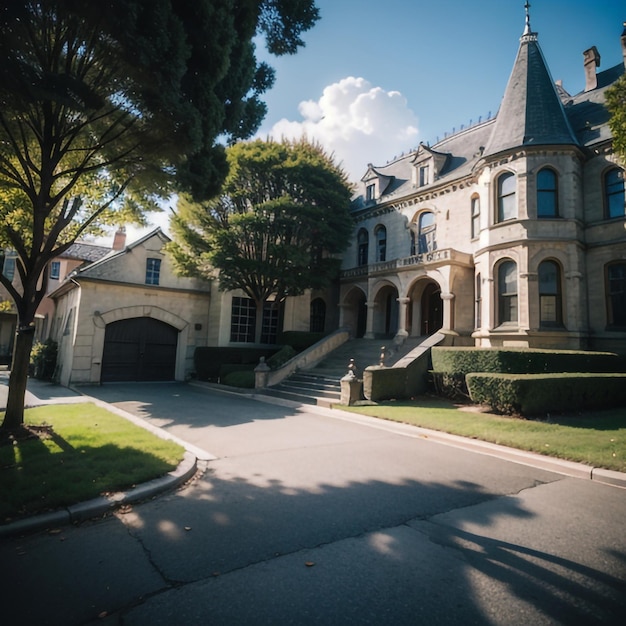 une maison avec une grande porte d'entrée et un arbre sur le côté gauche