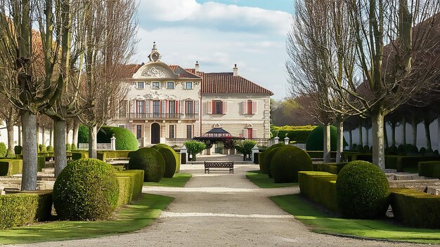 une maison avec une grande porte d'entrée et une grande maison en arrière-plan