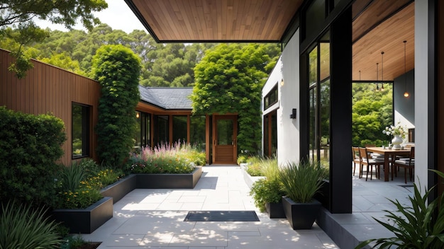 Une maison avec une grande porte vitrée et une passerelle en bois menant à un jardin.